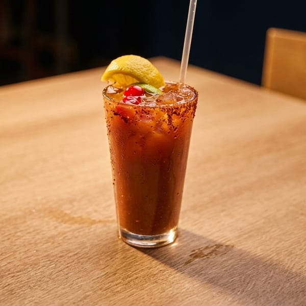 A tall glass of Bloody Mary cocktail with a chili-salted rim, lemon, and cherry garnish.